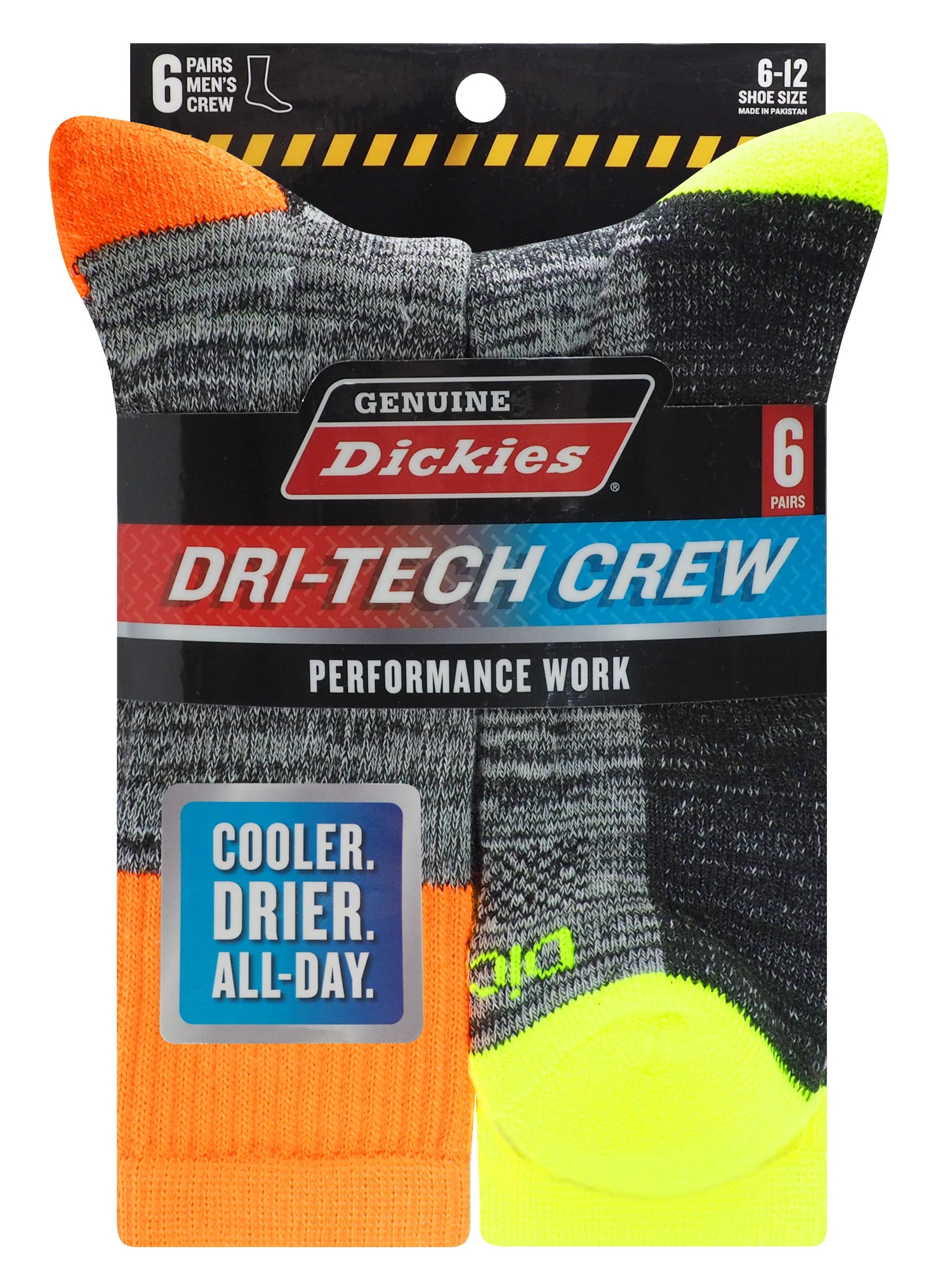 (2 pack) Dickies Men's Dri-Tech Crew Work Socks, 6-Pack, Hi-Viz, Size 6-12