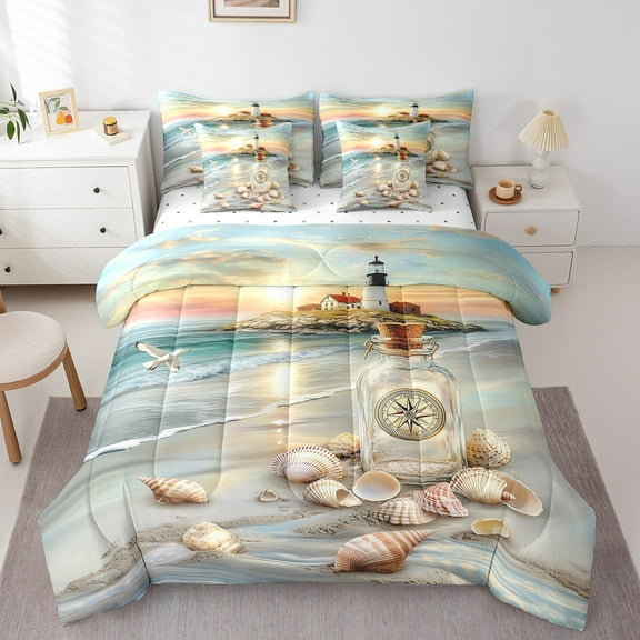 Erosebridal Coastal Seashell Bedding Twin Size, Marine Lighthouse Bedding Sets Twin Size, Romantic Sunset Decor, Reversible 7pcs