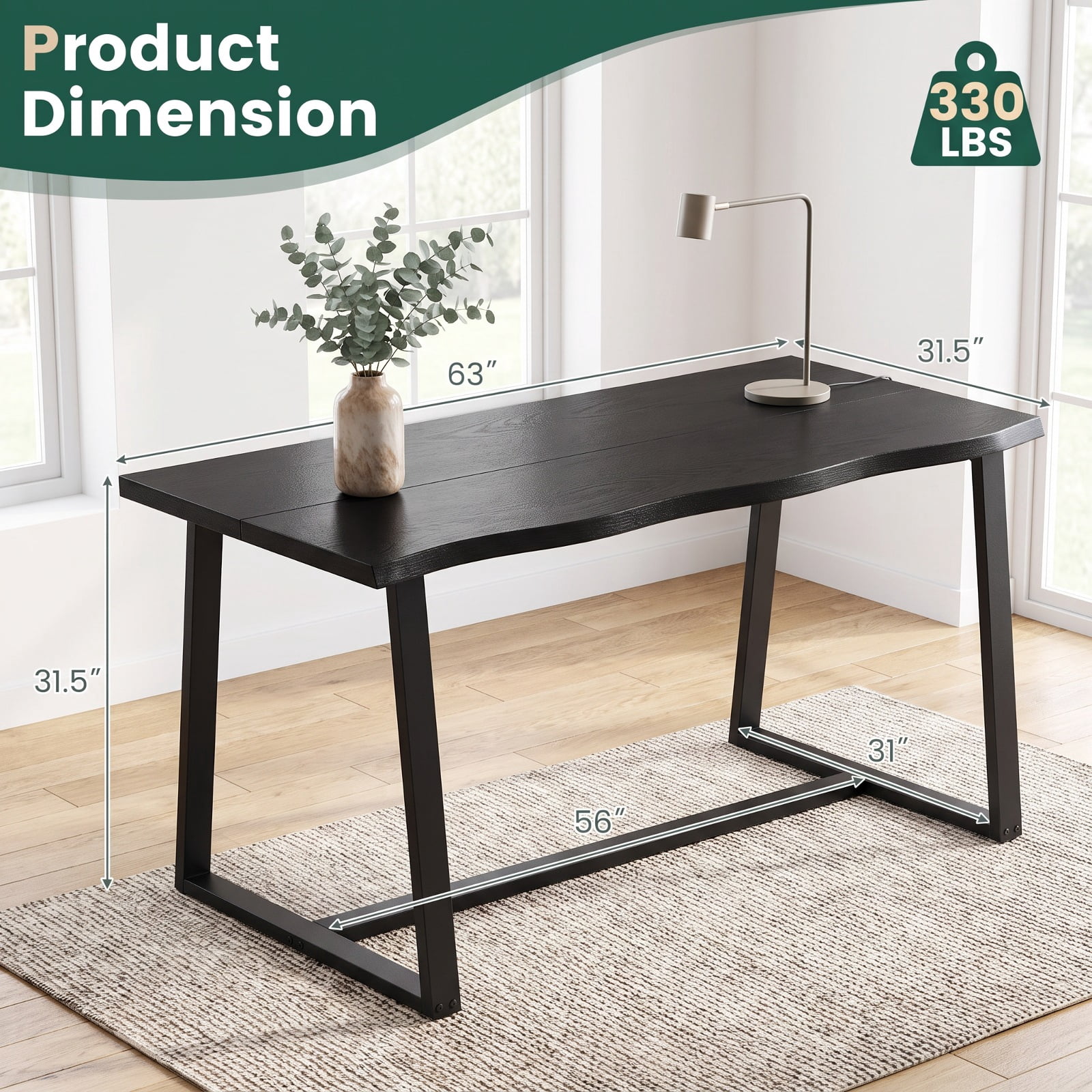 Furnibear 63" Large Dining Table with Wavy Edge and Heavy-duty Metal Frame for Kitchen Dining Room Breakfast Nook Small Space Home, Black
