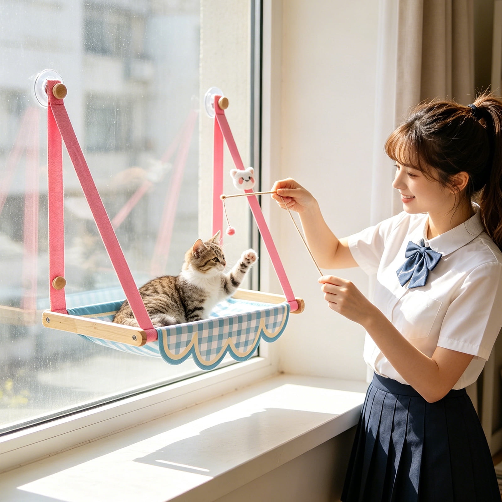 Hanging Window Cat Hammock, 360° Panoramic View Window Perch, Canvas Bed, 4 Heavy-Duty Suction Cups, Space-Saving Cat Lounge(15.7"*19.3",Blue)