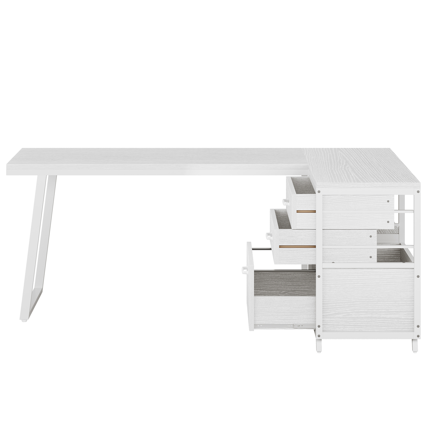 Fnova 53.15" L-shaped Computer Desk with 3 Drawers, Wood Tabletop, Metal Frame Office Desk, White