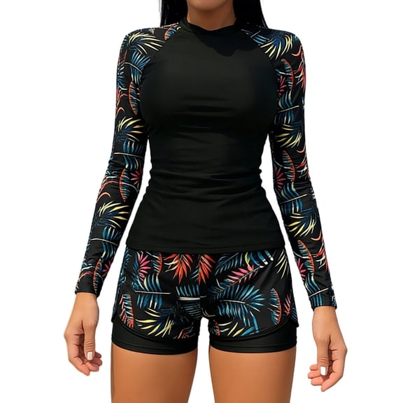 QSAWXQZ Women's 2 Piece Diving Suit Jewel Neck Long Sleeve Rash Guard Set Print Top with 2-in-1 Board Shorts with Inner Liner for Surfing and Beach L