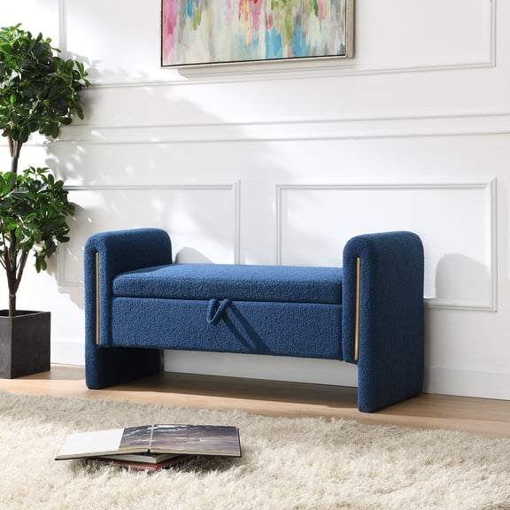Nmkwnr Upholstered Storage Bench with Arms, Rectangle Storage Ottoman Vanity Bench for Living Room, Bedroom, Office, Navy Blue