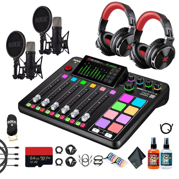 RODE RODECaster Pro II + 2x Studio Headphones + 2x RODE NT1 5th Gen Podcast Microphone + 64GB Micro SD Memory Card + Cable Ties + Replacement Cables + More (Bundle)