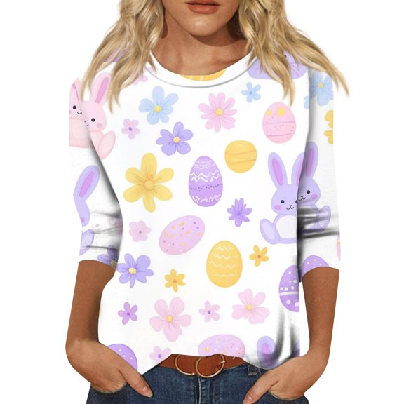 Easter Top for Women Bunny Eggs Printed Crewneck Tops Three Quarter Length Cute Family Gifts T Shirt Trendy Dressy T-Shirts, #01 Sky Blue, XXL