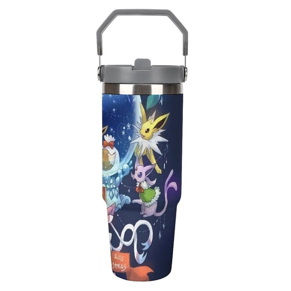 Pokémon Pikachu Eevee Evolutions6659 Stainless Steel Tumbler Car Cup 30 Oz with Handles, Vacuum Insulated Water Bottle for Home, Office Reusable Cup with Straw Leak Resistant Flip