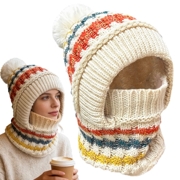 3 in 1 Beanie Hat with Scarf and Mask,Winter Hats for Women Thermal Fleece Hoodie Balaclava Face Masks Knitted Ski Mask Set(Beige)