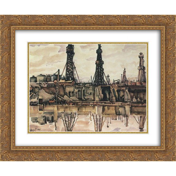 Konstantin Bogaevsky 2x Matted 24x20 Gold Ornate Framed Art Print 'Baku. Oil rigs.'