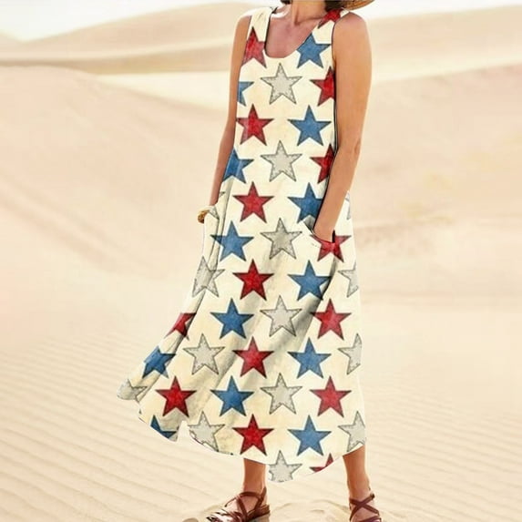 Perfect Summer Gift HIMIWAY Maxi Cheap Midi Wedding Guest Plus Size Women 5407 Summer Loose Casual Large Size Independence Day V-Neck Sleeveless Dress Yellow M