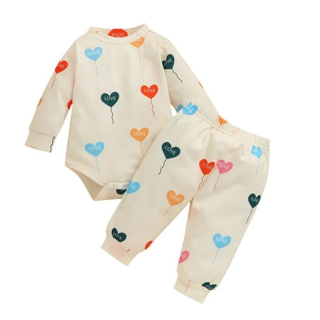 

WUXIAN Toddler Boys Girls Valentine s Day Long Sleeve Hearts Printed Romper Bodysuit Pants Outfits Infants Baby Trousers Children Versatile Dailywear