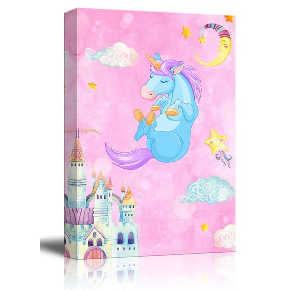wall26 - Canvas Wall Art - Hand Drawn Unicorn with Castle Stars and The Moon - Giclee Print Kid's Room/Nursery Art Ready to Hang - 24x36 inches