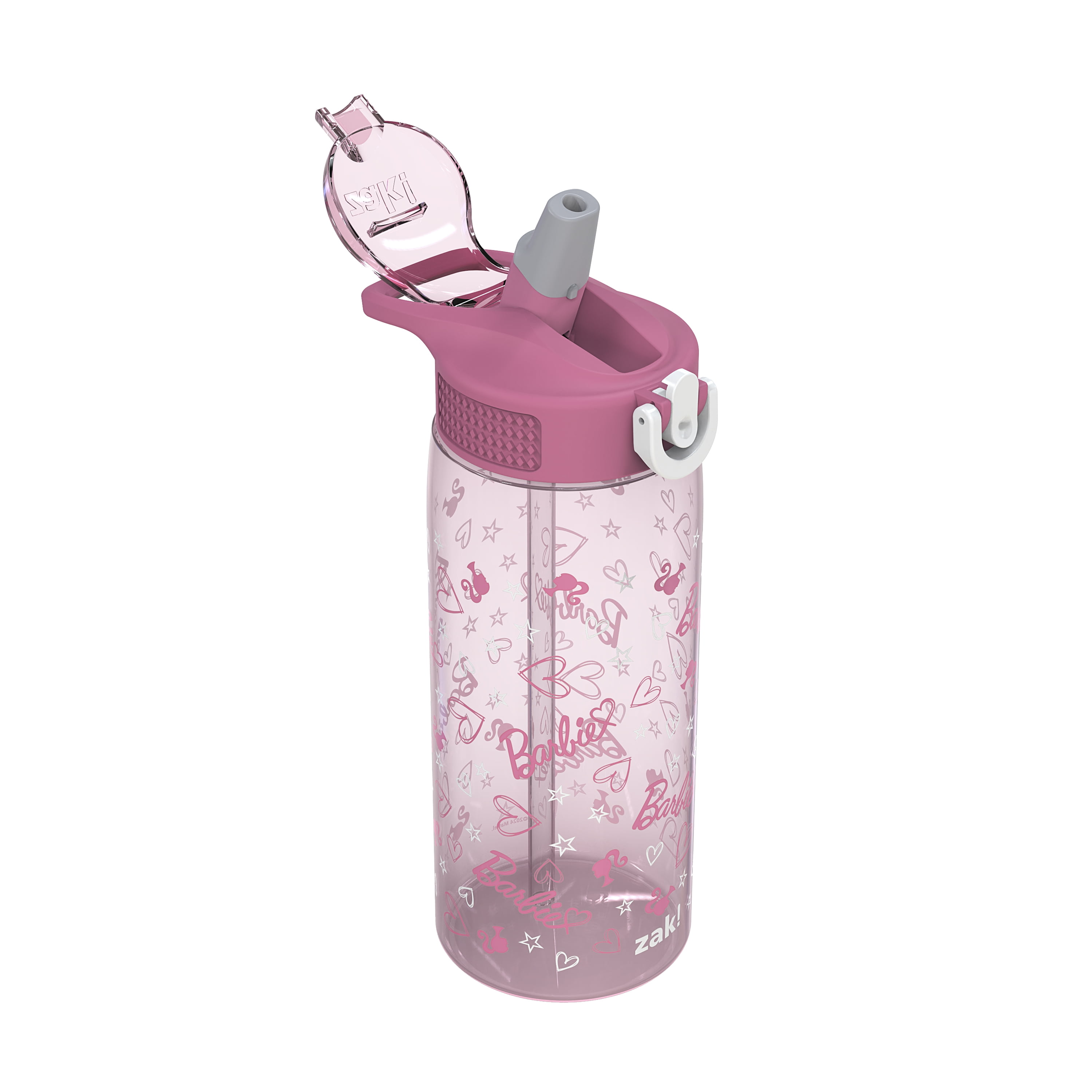 Zak Designs 25oz Barbie Kids Straw Water Bottle, Durable Plastic Park Bottle with Easy-Open Locking Spout Cover for Travel, Built in Carry Handle