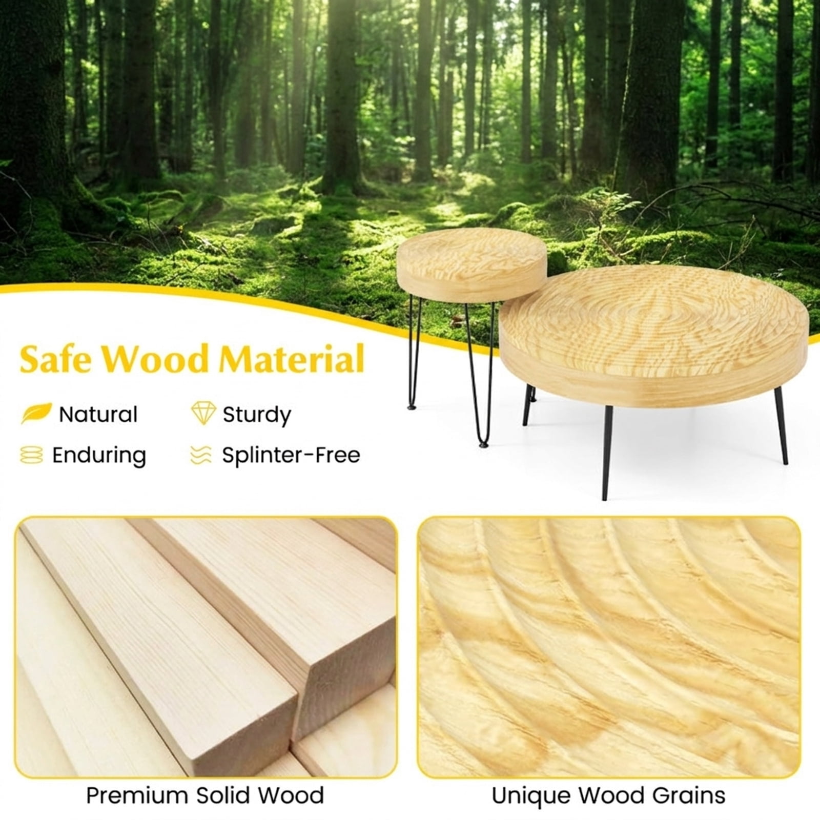 Furnibear Set of 2 Solid Wood Farmhouse Round Coffee Tables - Natural - Living Room Cocktail Center Table