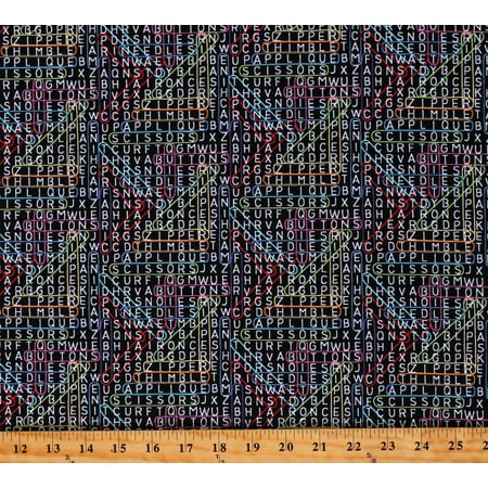 Cotton Sewing Words Word Search Crafting Seamstress Sew Happy Kim Schaefer Black Cotton Fabric Print by the Yard (A-9869-K)