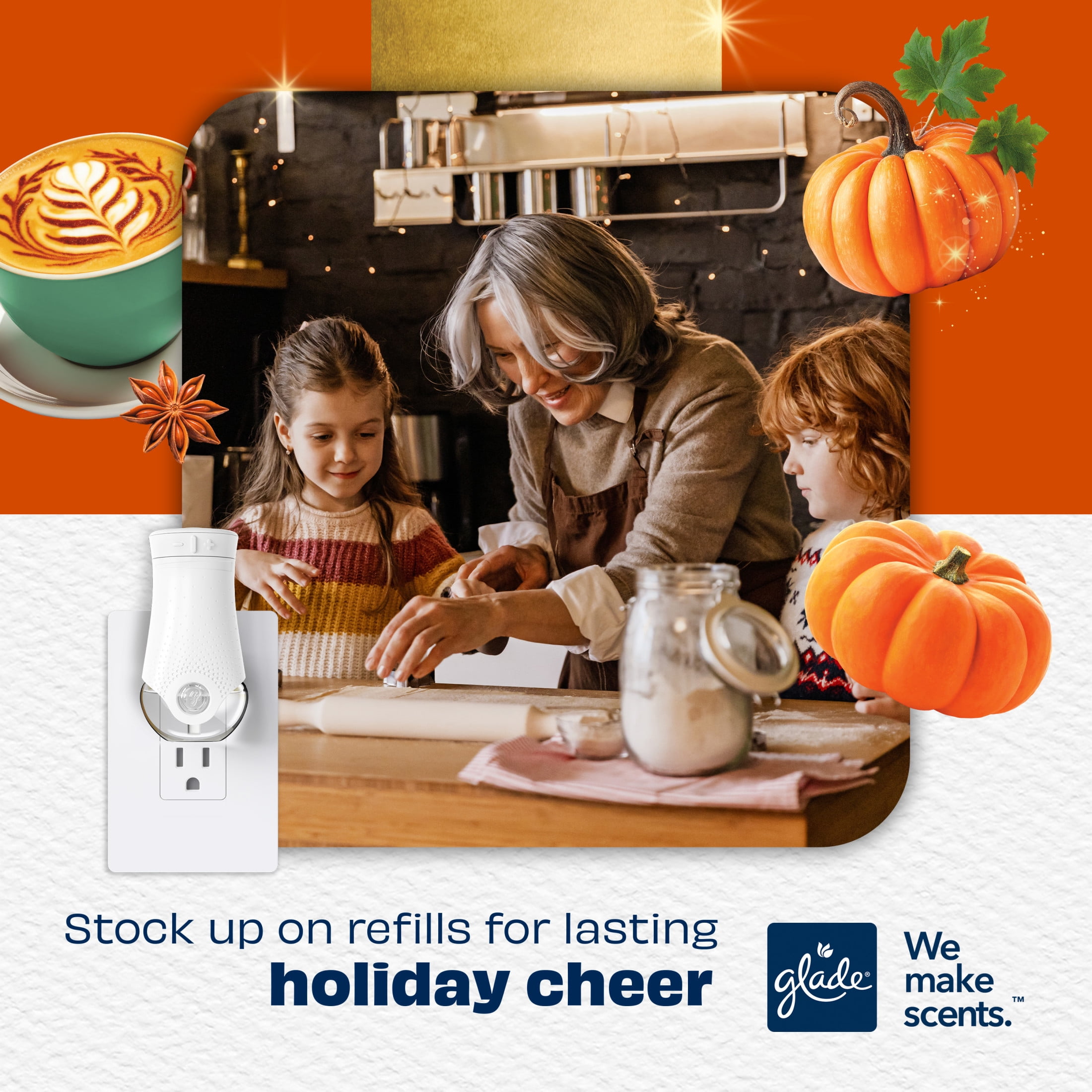 Glade® PlugIns® Starter Kit, Air Freshener, Golden Pumpkin & Spice, 1.34 fl oz, 1 Warmer + 2 Refills