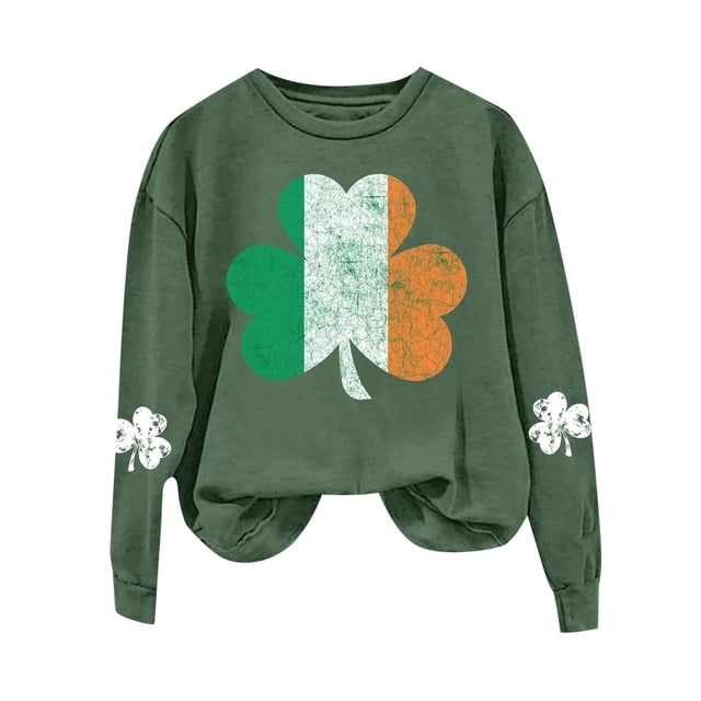 WEAIXIMIUNG Chandails Courts pour Femmes Plus Chandail de Jogging à Manches Longues et Col Rond pour la Saint-Patrick Vert avec Imprimé Graphique de Quatre Feuilles