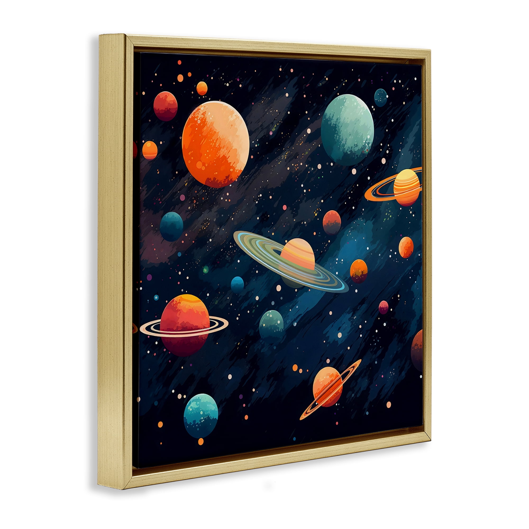 Stupell Industries Orange & Blue Planets in Orbit Gold Framed Floater Canvas Wall Art, design by Creative Studio