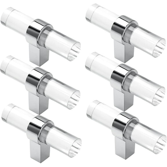 6 Pack Glass Acrylic Cabinet Knobs, Clear Crystal T-Bar Drawer Pulls, Single Hole Kitchen Cabinet Pulls Handles, Bright Silver