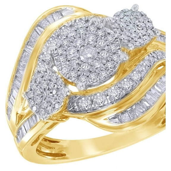 AFFY Round & Baguette White Natural Diamond Three Stone Clusterpass Ring in 10k Yellow Gold (1 cttw)