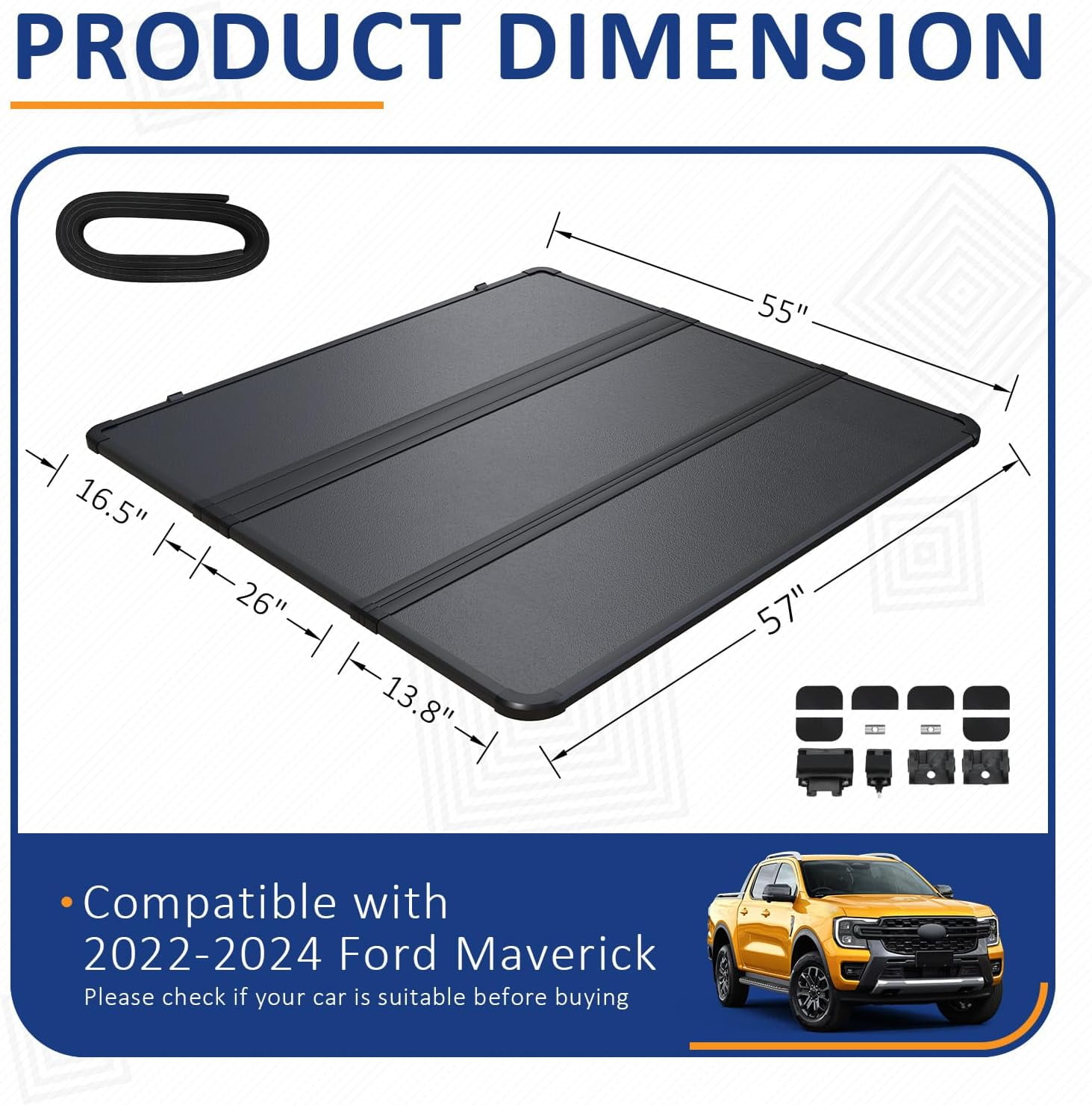 HOUGEET 4.5FT(54.4") Hard Tri-Fold Pickup Truck Bed Tonneau Cover with LED Lights Fit for 2022 2023 2024 2025 Ford Maverick Without Drilling
