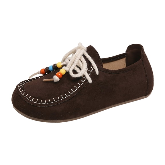 Suede Moc Toe Loafers for Women Beaded Lace Up Casual Shoes Comfortable Wide Toe Box Slip On Flats Daily Work Walking Shoes Brown Size 8.5