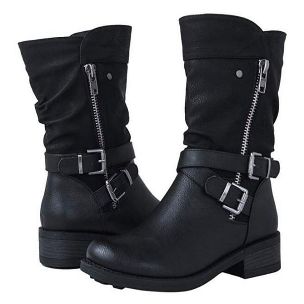 Flat black boots shop mid calf
