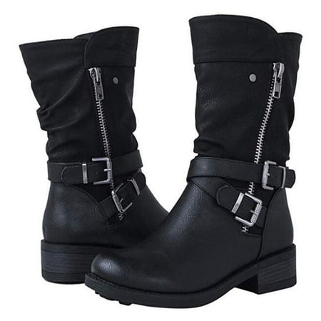 

Zunfeo Women Chukka Boots- Retro Flat Bottom Shoes Casual Boots Plus Slip On Double Zipper Shoes Black 5.5