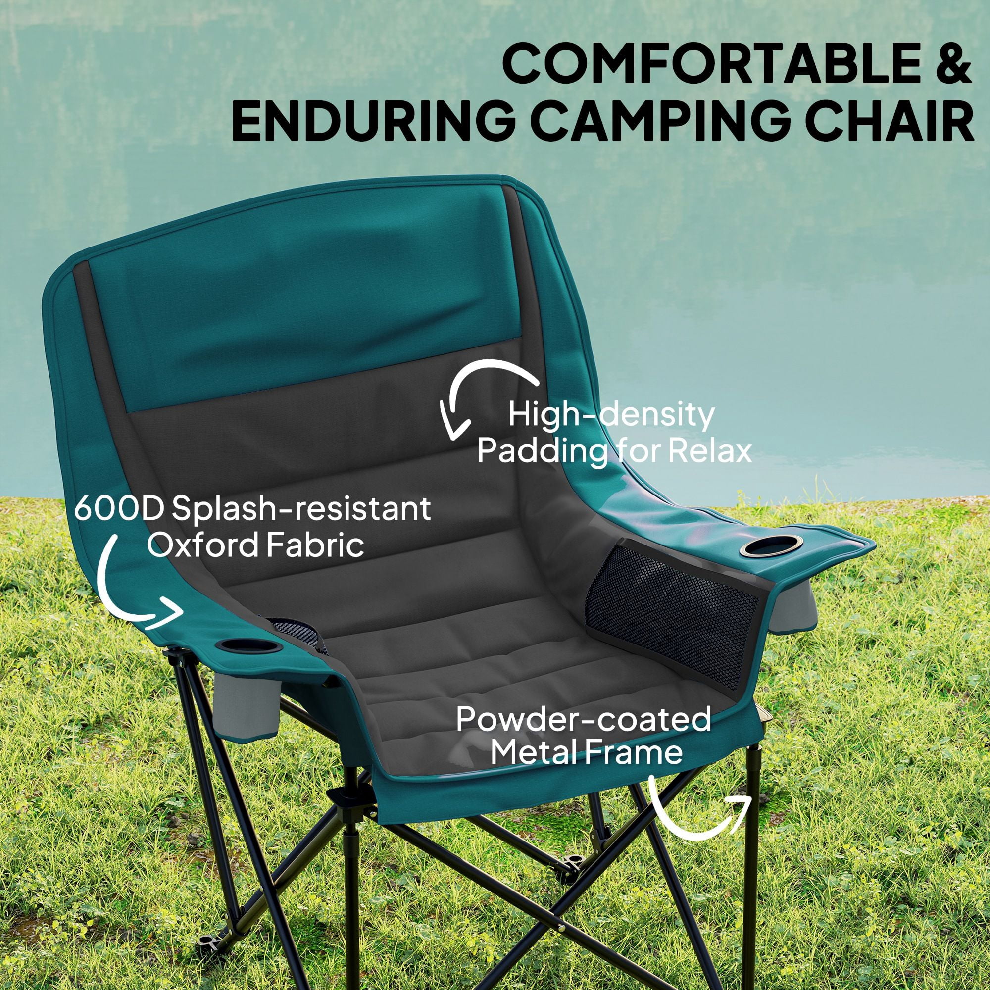 Padded Folding Camping Chair with Carry Bag, High Density Cushioned Lawn Chair 600D Oxford Fabric Metal Frame with 2 Cup Holders Side Pockets Supports 265lbs for Fishing Outdoor Dark Green Black