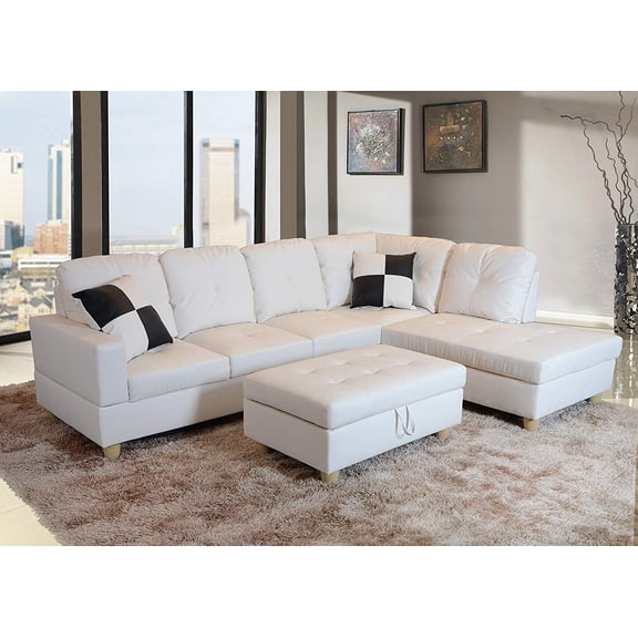PonLiving Furniture Raphael White Faux Leather Right Facing Sectional Sofa With Ottoman PonLiving Raphael White Faux Leather Right Facing Sectional Sofa With Ottoman