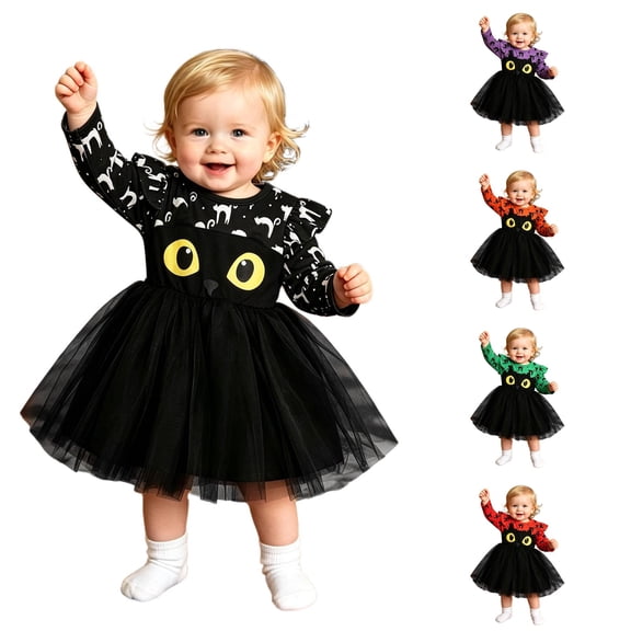Byoo Halloween Gown forToddler Girls Cat Silhouette Print Long Sleeve Ruffle Shoulder Party Dress Holiday Tutu, Black