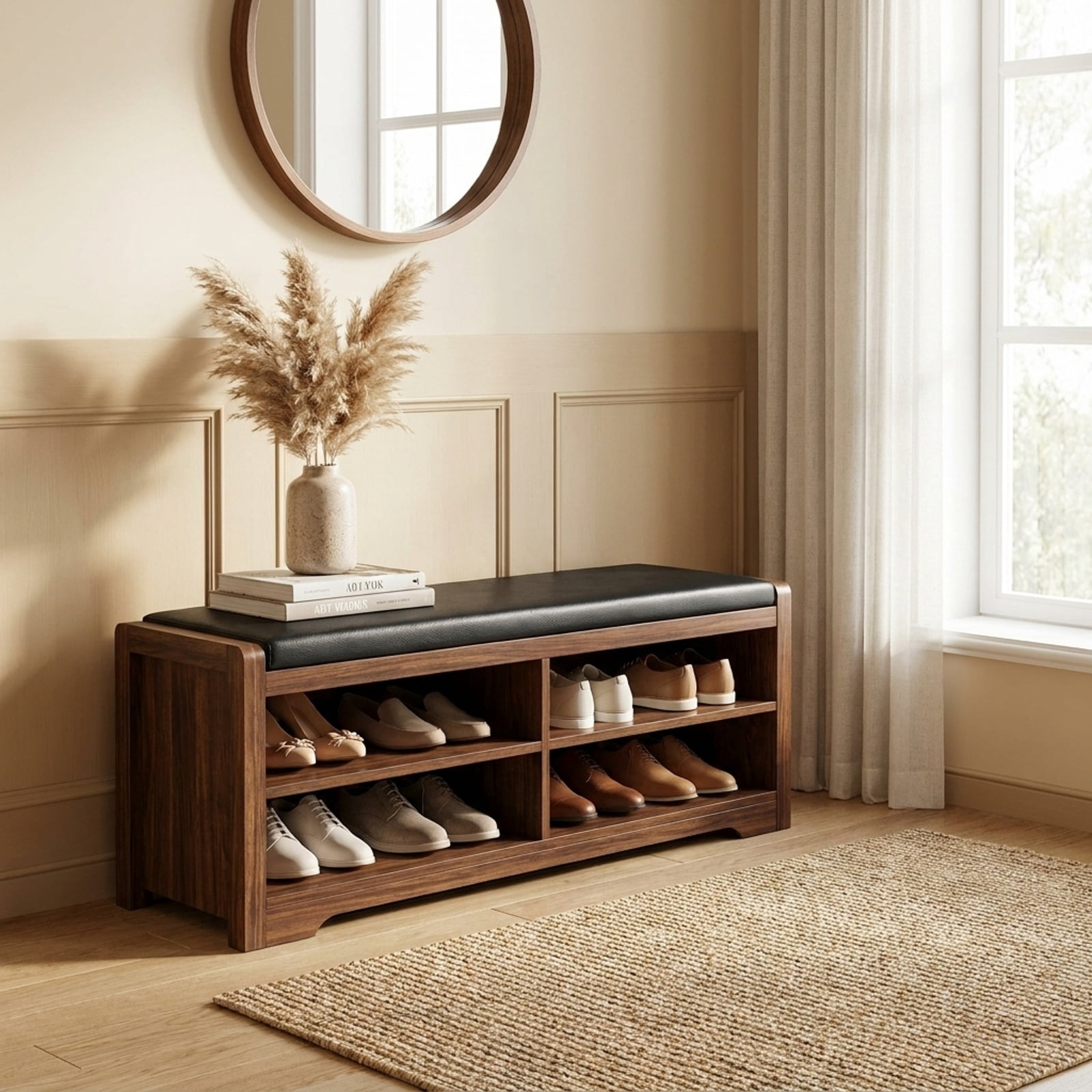 Furnibear 3 Tier Shoe Rack Bench with Adjustable Shelves and Soft Cushion for Entryway Living Room and Hallway Shoe Storage, Brown