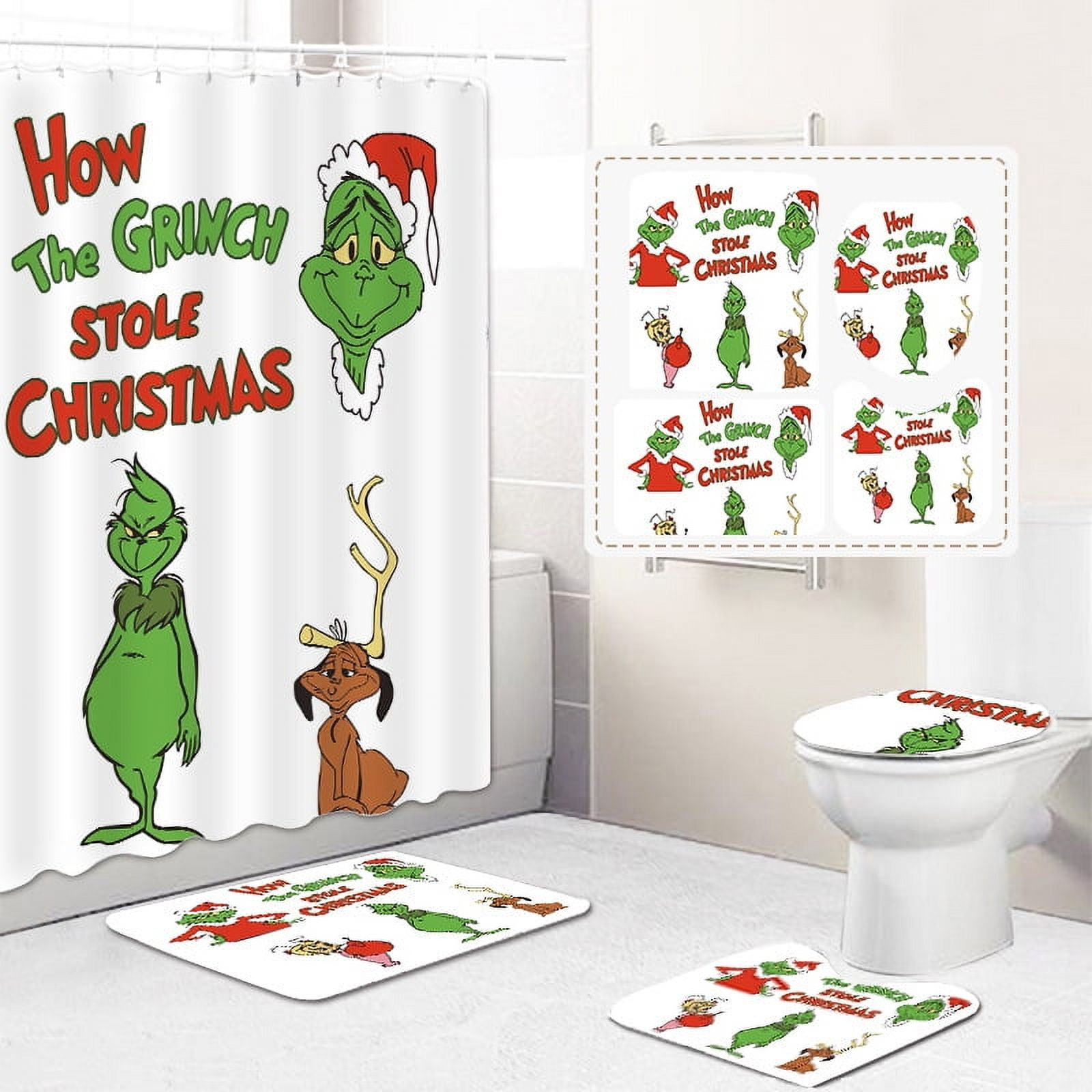4 Pcs Christmas Bathroom Set, Christmas Shower Curtain Sets  Shower Curtain Non-Slip Rugs Toilet Lid Cover and Bath Mat Set 72 X 72 Inches with Hooks Christmas Holiday Bathroom Decor