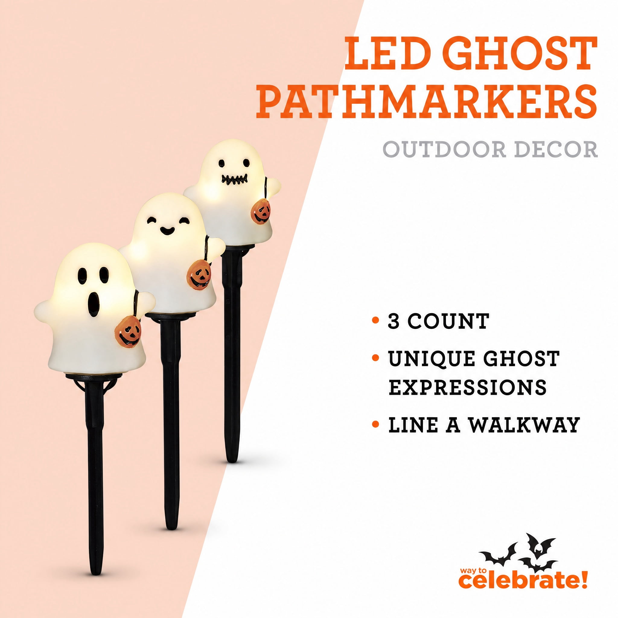 Outdoor LED Ghost Pathmarkers, White, 3', 3 Count, Halloween by Way To Celebrate