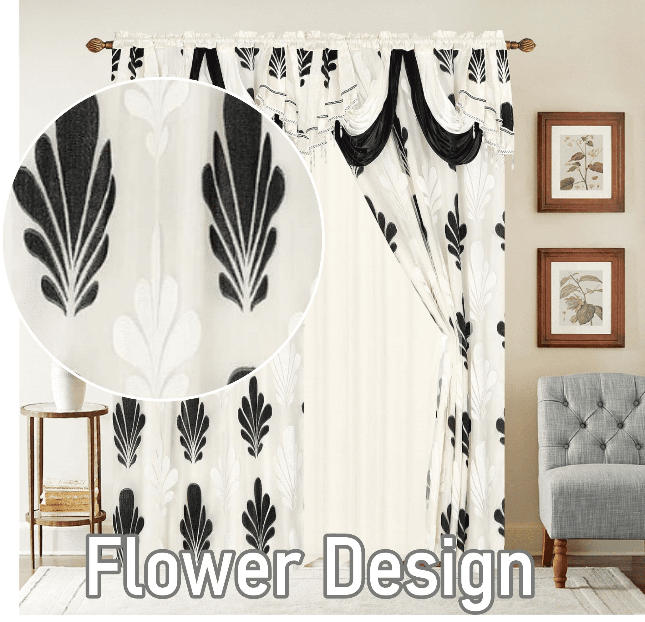2 Pieces Sophia Two Tone Beige Black Embroidered Flower Curtains, 54" wide x 84" long each panel