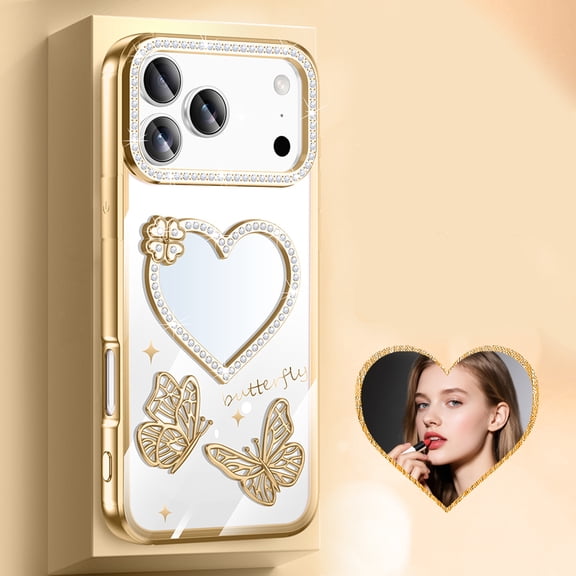 Compatible with iPhone 16 Pro Phone Case,Luxury Cute Diamond Heart Makeup Mirror Back,Bling Sparkly Rhinestones Lens Ring,Plating Butterfly,Shockproof Anti-fall Thin Fit Phone Case,Gold