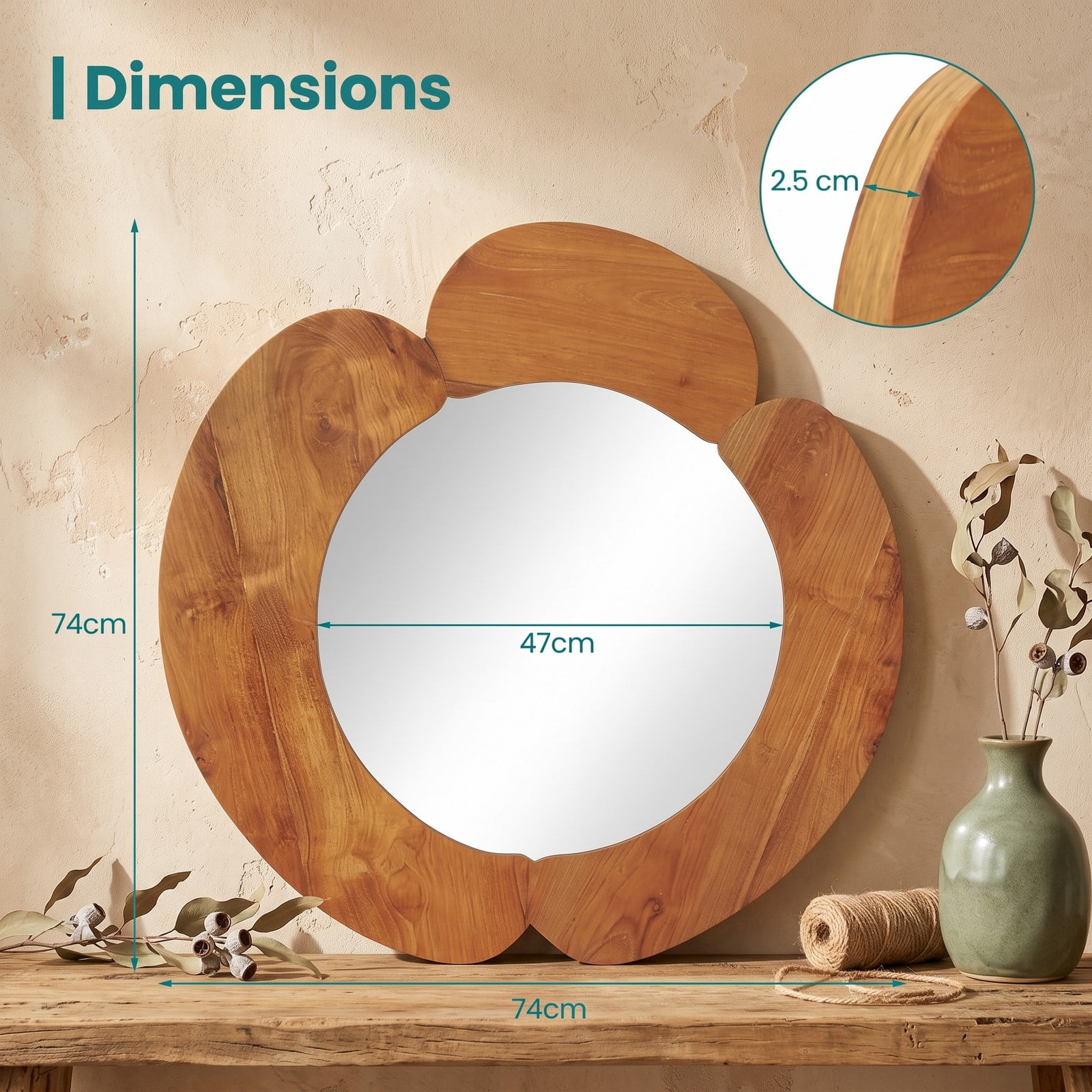 ALPULON 29 Inch Round Rustic Hanging Vanity Mirror with Solid Teak Wood Frame, Waterproof Wall Mounted Bathroom Decor Mirror for Entryway Bedroom, Natural Brown