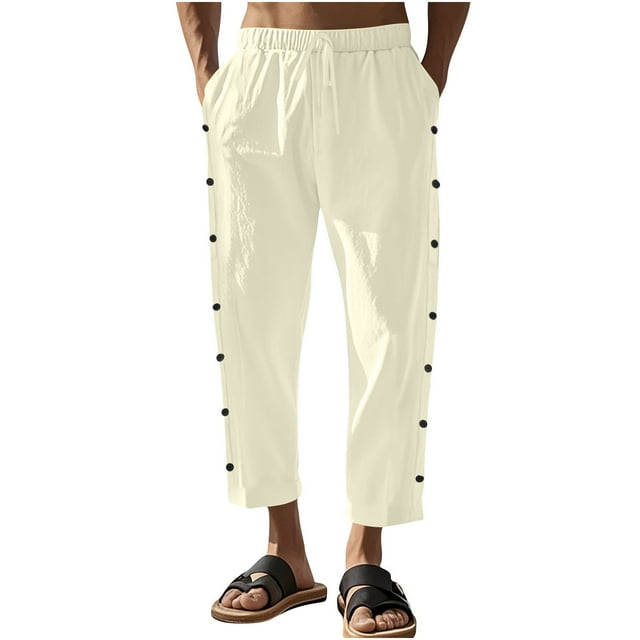 hotojiny Mens Cotton Linen Pants Elastic Waist Drawstring Summer Cropped Trousers Loose Fit Side Button Beach Pants with Pockets
