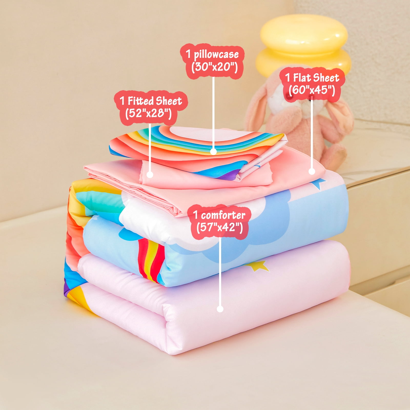 ZRNBAST 4 Piece Toddler Bedding Set for Girls, Cartoon Stars Rainbow Comforter Set, Includes Comforter, Flat Sheet, Fitted Sheet and Pillowcase, Pink
