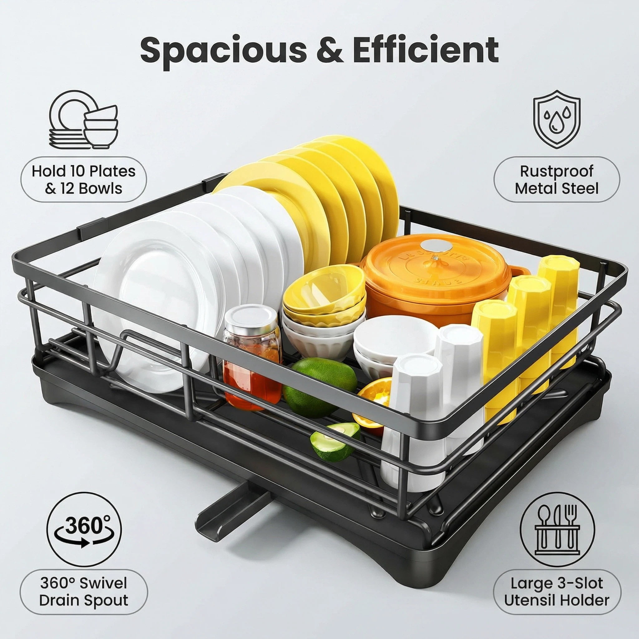 Gimgong Metal Dish Rack with Utensil Holder and Drainboard, Anti-Rust Kitchen Organizer, Black