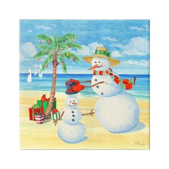 Stupell Industries Festive Snowman Beach Holiday Painting Gallery Wrapped Canvas Print Wall Art, 17 x 17