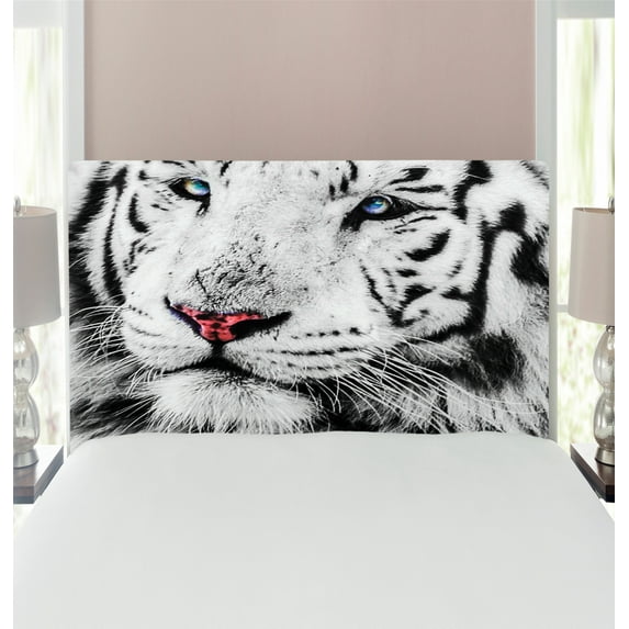 Safari Headboard, White Tiger Wintertime Rare Animal Portrait Eyes Calm Noble Beast Photography, Upholstered Decorative Metal Bed Headboard with Memory Foam, Twin Size, Grey Black White, by Ambesonne