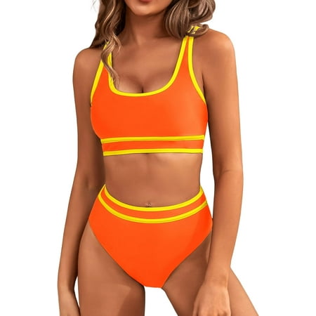 Women s High Waisted Bikini Sets Sporty Two Piece Swimsuits Color Block Cheeky High Cut Bathing Suits
