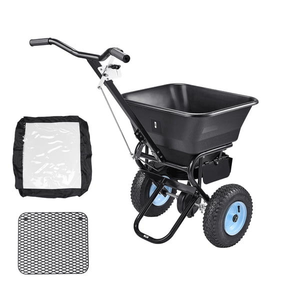 KFFKFF 100 lbs Capacity Lawn Spreader, Walk-Behind Push Design, Adjustable 0-9.8 ft Spreading Width, 13-inch Pneumatic Tires for All Terrains, Fertilizer Spreader with Hopper Grate for Seed, Salt