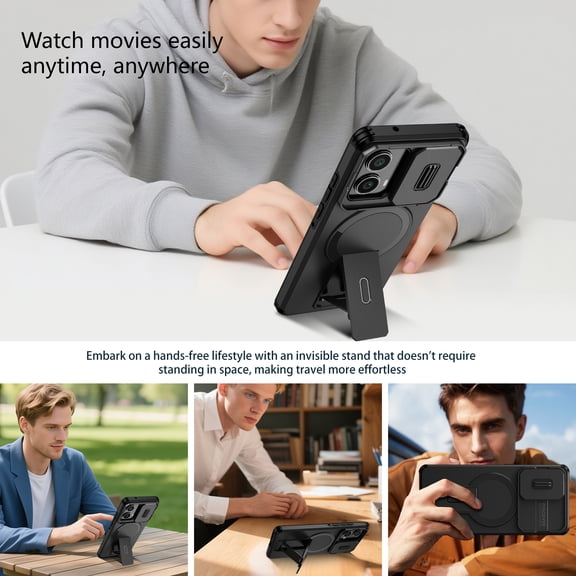 TECH CIRCLE for Moto G 5G 2025 (XT2513-1) 6.7" Rugged Shockproof Case with Slide Camera Cover, Kickstand, Compatible with MagSafe Wireless Charging & Magnetic Car Mount/Card Holder, Black