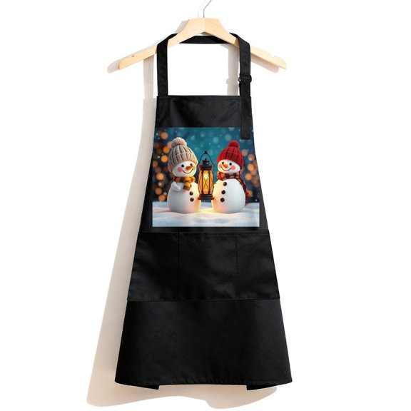 RKSupls Waterproof Bib Apron with 3 Pockets, Snowman Lantern Winter Cute Adjustable Neck Strap Soft Polyester Water Resistant Apron for Kitchen Restaurant Home Use