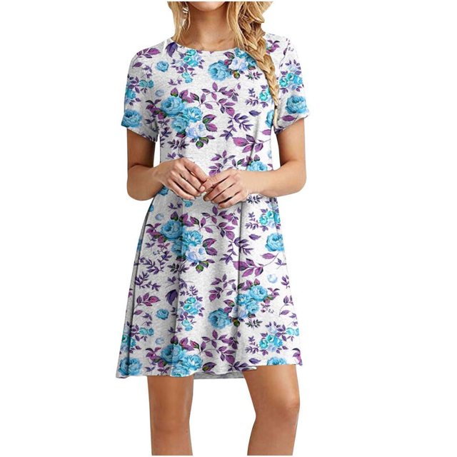 Birdeem Womens Casual Color-Blocking Printed Short-Sleeved Round-Neck Dress
