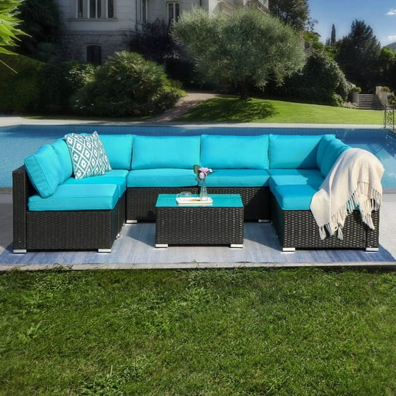 Cozyhom 9-Piece Wicker Patio Combo Conversation Set with Blue Cushions