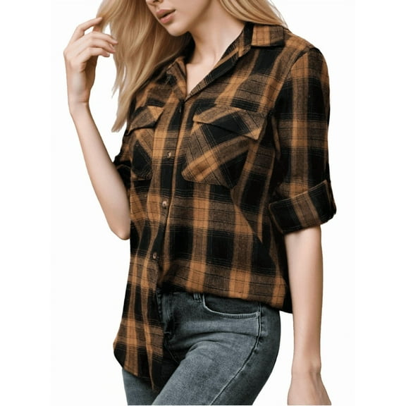 Vividaire Womens Flannel Shirt Plaid Shirts Long Sleeve Casual Button Down Collared Blouse Tops