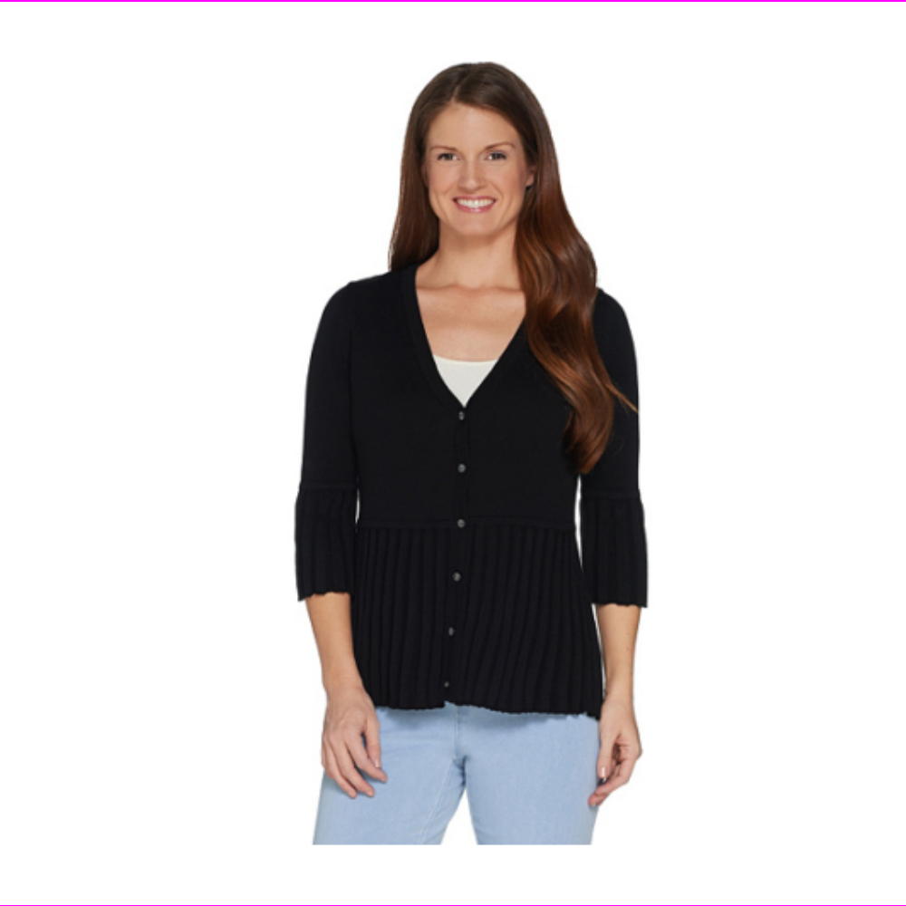 V-neck Pleated Peplum Cardigan Black 