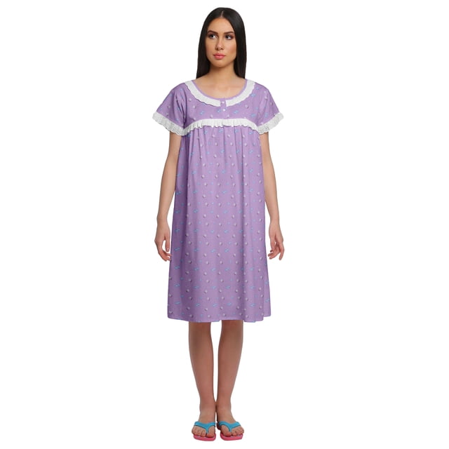 Moomaya Short Sleeve Nightdress For Ladies Printed Button Placket Nightwear